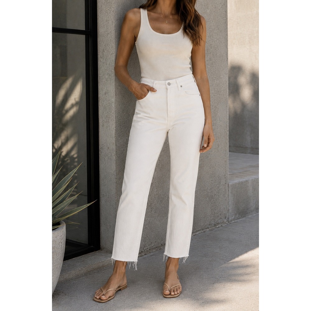 AGOLDE Riley High Rise Straight Leg Button Fly Raw Hem Sour Cream Jeans 26